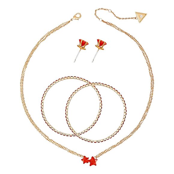 GUESS Red CZ Star Pendant Necklace, Double Stretch Bracelet & Stud Earrings Set - Picture 3 of 8